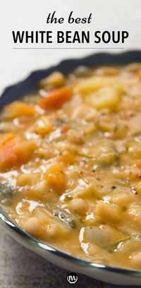 Once you try this amazing white bean soup, you’ll want more! It’s thick, delicious, healthy, and so easy. Perfect for dunking crusty bread in. #veganrecipes #souprecipes #cannellinibeanrecipes #cheapmeals #glutenfreerecipes #healthydinnerrecipes #beansoup #vegetarinarecipes #beanrecipes