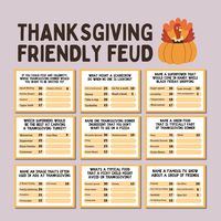 🦃🍂 Get Ready for a Feud of Fun with Our Thanksgiving Friendly Feud Game! 🍂🦃 Add some competitive excitement to your Thanksgiving celebration with our Thanksgiving Friendly Feud Game! This trivia-based game is perfect for both kids and adults, making it a versatile and engaging choice for your family game night. With top answers to Thanksgiving-themed questions, this printable game is a surefire way to create laughs and lasting memories. This is a simplified version of the game, it includes 16 Question Cards for 4 games. (NO FAST ROUND QUESTIONS ARE INCLUDED) WHAT'S INCLUDED: - Simple Thanksgiving Feud Game with 16 Question Rounds; - Rules of the Game; - 16 cards for 4 rounds (2 pages); - 2 blank pages for single play. Why You'll Love It: Engaging Trivia: Test your family's knowledge of