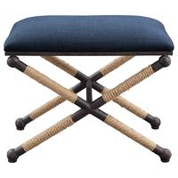 Set sail for stylish seating with the Firth small fabric bench. Wrapped in natural fiber rope accents, its rustic iron frame brings a nautical flair. The cushioned top is a cotton blend in a rich, textured navy blue that's easy on the eyes and soft to the touch. Uttermost