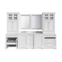 Maximize your bathroom with this bright white 120-inch De Soto double sink modular setup. Showcasing ample storage and a carved base detail, this collection brings the perfect mix of elegant design and modern functionality.