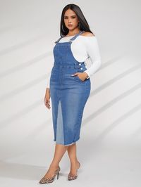 Medium Wash Casual Collar Sleeveless Denim Plain Pinafore Embellished High Stretch  Plus Size Denim