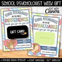 School Psychology Appreciation Week Gift Card Holder, School Psychologist Counselor Gifts, Psychology Week Day Thank You Gift Cards Template