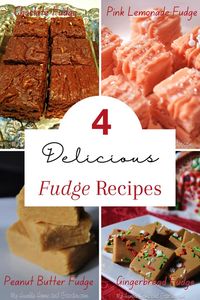 The beauty of these recipes is that you don’t need a thermometer and you don’t have to worry about whether the fudge mixture is at a soft ball or hard ball stage!  Anyone can make these delicious fudge recipes!  Chocolate fudge, peanut butter fudge, pink lemonade fudge, and gingerbread recipes can all be found here!