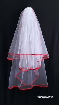 White Wedding Veil, Three Layers, Red Satin Edging.