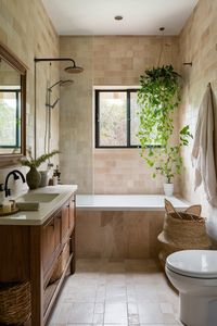 Design a serene spa-like bathroom with beige-toned tiles, wooden vanities, and soft woven accents. Add touches of greenery and natural light to craft a warm, inviting retreat inspired by nature. #BathroomDesign #NaturalBathroom #SpaBathroom #BeigeBathroom #WoodenVanities #SereneBathroom #WovenDecor #BathroomRetreat #InteriorDesignInspo #BathroomGoals