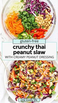 Crunchy Thai Peanut Slaw - This veggie slaw with peanut sauce is the perfect blend of colors, flavors, and textures. Fresh, crunchy, creamy, and gorgeous, it's a perfect healthy side dish. (Vegan, Gluten-Free) // thai coleslaw // asian coleslaw // peanut coleslaw // coleslaw without mayo // coleslaw no mayo // peanut sauce dressing // peanut dressing // vegan coleslaw // coleslaw with peanut sauce // healthy coleslaw