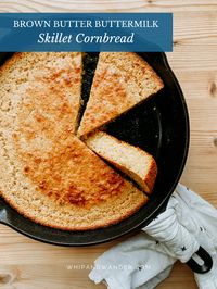 Brown Butter Buttermilk Skillet Cornbread is a lightly sweetened southern cast-iron cornbread. It can be made friendly for gluten-free diets. | whipandwander.com