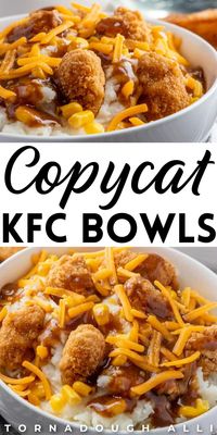 If you love KFC but don't want to go out to get it, make these delicious copycat KFC bowls at home. Hot mashed potatoes, crispy chicken, delicious gravy, and melted cheese--these KFC bowls are so delicious! These KFC bowls are great for lunch or dinner. Try these simple KFC bowls today!