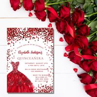 Quinceanera red white dress sparkles luxury invitation