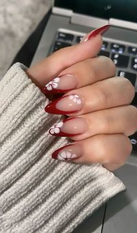 red french tips nails with flowers