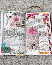 Went with a very colorful theme for these pages, primarily purple (left) and pink (right) to create a cohesive vision. Ive been feeling more like myself as Ive been writing more often recently. Ive never really been a writer per se, but its an inspiring hobby that I thoroughly enjoy. Id live to really be a writer someday, but for now Im having fun just designing pages and writing primarily for my own eyes… I hope you enjoy!! #journal #journaling #journalprompts #journalcommunity #journalwithme #writing #writerscommunity #scrapbooking #scrapbookideasforbeginners #creative #creativejournaling #artsy #inspo