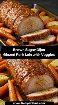 A hearty pork loin glazed with a sweet and tangy brown sugar Dijon sauce, paired with roasted vegetables for a balanced meal.