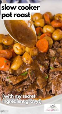 This Slow Cooker Pot Roast has incredible flavor and the best gravy! Creamy potatoes, tender carrots, fall apart roast beef -- it's pure comfort food! #slowcooker #crockpot #recipes | crockpot meals | slow cooker recipes | easy dinner ideas | pot roast recipe | roast beef