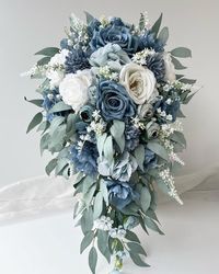 Dusty Blue White Cascading Wedding Bouquets Eucalyptus Cascade Wedding Bouquet Faux Silk Flower Pale Blue White Rose Peony Wattle Buttonhole - Etsy