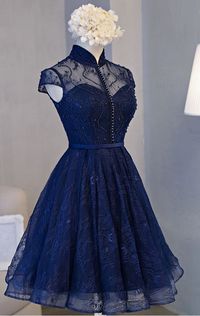 Hot Sale A-line/Princess Prom Homecoming Dresses Short Navy Dresses With Lace Up Bandage Mini Splendid Homecoming Dresses ,H1082