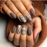 24 Count Press On Nails Matte Brown And Boho Design Comes With Jelly Glue And Nail File New