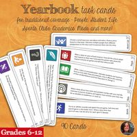 As a third year yearbook advisor I realized the need to be able to have ready-madetasks and assignments on hand, especially for those students who say there is nothingto do! These task cards work great to always have an assignment or task on hand for those students.Included:10 People Task Cards and Story Ideas10 Academic Task Cards and Story Ideas10 Clubs/Activities Cards and Story Ideas10 Sports Task Cards and Story Ideas10 Student Life Task Cards and Story Ideas5 Designer Task Cards5 Writer Ta