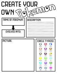 A fun activity for early finishers! This worksheet allows students to create their own Pokemon from their imagination. They can draw and design the look of their Pokemon, while also providing the information for its' characteristics, evolutions, and type(s). A popular activity amongst my middle-scho...