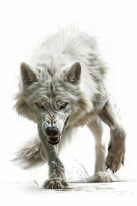 A hyper-realistic image depicting a white wolf poised and ready to attack, set against a pristine white background. The artwork focuses on the wolf's intense and detailed features, emphasizing its natural strength and predatory instinct.