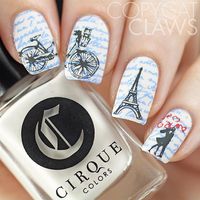 Paris in Love nail art,  To use the @uberchicbeauty Paris In Love mini plate I did a double stamping mani.  I started with two coats of @cirquecolors Don't Forget The Cannoli (Italian) that I stamped the French quote on with @mundodeunas Holland Blue (Mexican brand with a Dutch color name). The rest was stamped with MDU Black and Red so all the French flag colors were included.  Most multi cultural mani ever!