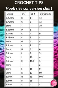 Crochet hook size conversion chart. Shows the metric (mm) number, the US letter, US number, and UK/Canada number. #crochet #crochettips #howtocrochet #crochetforbeginners