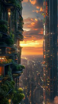 Explore a breathtaking futuristic cityscape where skyscrapers soar with bio-inspired designs, vertical gardens thrive, and smart tech reigns. Experience the synergy of nature and innovation at sunset. Let your imagination take flight! 🌇 #FuturisticCity #SmartTech #VerticalGardens #midjourney