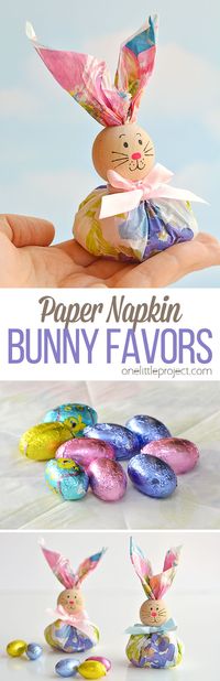 These paper napkin bunny favors are SO CUTE! And they're really easy to make! With dollar store paper napkins and foil covered chocolate eggs you can make adorable Easter treats to give away to the kids, grandkids or even to the classroom at school! They'd even make super cute decorations for the Easter table. This is such a fun and simple Easter craft idea.