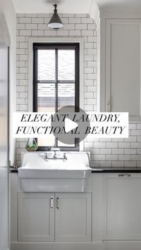 Melissa Manzardo Hryszko on Instagram: "This laundry room perfectly balances style and functionality. Featuring a charming farmhouse sink, ample counter space, and a hanging rod for easy organization, it is designed for everyday convenience. Three pull-out laundry bins and a dedicated cabinet for vacuum and ironing board storage keep everything tidy and within reach. This beautifully practical space makes laundry a breeze.

#laundry #laundryroom #laundrygoals #homeorganization #homeinspo #dreamhome"