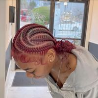 feed ins , stitch braids , dyed hair , red , burgundy , buns , inspo , hair