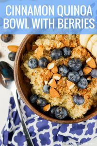 This hearty quinoa breakfast bowl made with protein packed quinoa, almond milk, cinnamon, and maple syrup is a great alternative to oatmeal. Easy to make, meal prep friendly, and delicious. #breakfast #kidfriendly #makeahead #quickandeasy