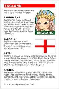 England Fact Card for your Girl Scout World Thinking Day or International celebration. Free printable available at MakingFriends.com. Fits perfectly in the World Thinking Passport, also available at MakingFriends.com