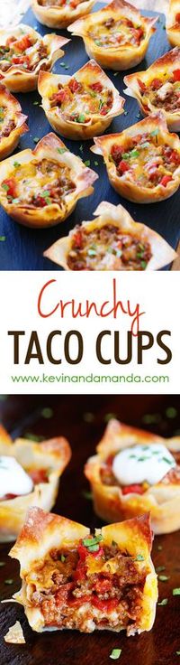 These fun Crunchy Taco Cups are made in a muffin tin with wonton wrappers! Great for a taco party/bar. Everyone can add their own ingredients and toppings! Crunchy, delicious, and fun to eat!