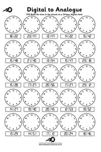 Teaching Time - 25 Analogue Clocks (1) Free Teaching Time Worksheets! Read the time to the minute on a 12-hour digital clock.