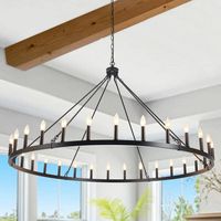 This 60 in. extra large wagon wheel chandelier features a matte black finish, with 30-lights design it resembles a stylish wheel shape.High heat baked lacquer gives a vintage smooth texture, making this black farmhouse chandelier durable. It offers a 360° illumination, creating a soft, warm ambiance without overpowering the space, adds a touch of modern elegance to any contemporary home.