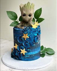 6" cake with Groot topper, space themed