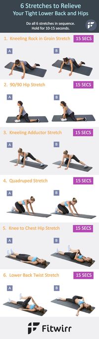 Release your tight lower back and hips by performing these 6 basic static stretches 2-3 days a week.