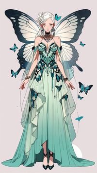 Image showcases a detailed and elaborate dress displayed on a mannequin. The dress features a butterfly-inspired design with large, intricate wing patterns in shades of teal and black. The bodice is adorned with delicate, shimmering details and a butterfly motif at the neckline. The skirt is voluminous with layered fabric that mimics butterfly wings, creating a flowing and ethereal effect. The dress is complemented by matching accessories, including a headpiece with butterfly wings and sheer, flowing sleeves. The overall style is whimsical and elegant, with a focus on nature-inspired elements and intricate craftsmanship.