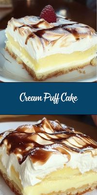 Cream Puff Cake is a decadent dessert that combines the classic flavors of cream puffs with the simplicity of a sheet cake. A light and airy pastry crust is topped with a creamy pudding filling and a layer of whipped topping, making it a crowd-pleasing treat for any occasion.