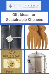 GIFT IDEAS! Any of these 4 kitchen items would make a great gift for a friend who is sustainability-minded. Pictured here: 1) organic cotton kitchen towels, 2) bamboo wood salad servers, 3) reuseable beeswax food wrappers, 4) stainless steel compost bin. From the Earth Hero catalog, click now to see these and more! #giftsforthehome #giftideas #giftinspiration #ecofriendly #kitchengadgets #sustainable #frugalgifts