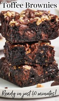 Toffee Brownies are chewy, rich, packed full of chocolate flavor, and studded throughout with toffee pieces. The perfect combination of decadent chocolate and crunchy, nutty toffee! Easy recipe, no mixer required.