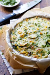 Sweet Corn and Zucchini Pie - a simple crustless pie featuring fresh summer veggies and melted cheese. 275 calories. | pinchofyum.com #vegetarian #zucchini #pie #recipe #healthy