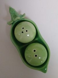 "Vintage Pea Pod Salt and Pepper Shakers, Personal Size Two Peas in a Pod Salt and Pepper Shakers. Four inches long.  Shakers are 1\" diameter.  Plastic tight fitting stoppers.  Excellent vintage condition with no defects or damage."