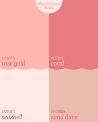 This delicate and sophisticated color palette exudes warmth and elegance. Featuring soft, natural tones, this palette captures the beauty of serene landscapes and cozy, inviting atmospheres. Perfect for branding, wedding stationery, lifestyle blogs, and feminine product designs, these hues create a sense of timeless charm and subtle luxury. Use this versatile palette to craft visuals that feel harmonious, refined, and effortlessly chic.  Rose Gold (#FFB7AD) Coral (#E77B84) Seashell (#FFFAE3) Sand Dune (#ECBBB0)  Transform your brand with custom, eye-catching designs! Whether you're looking for a bold logo, cohesive branding, or stunning business cards, I’ll bring your vision to life with creativity and strategy. Let’s build a brand that leaves a lasting impression. Get started today!