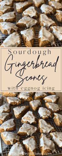 text: sourdough gingerbread scones with eggnog icing, images of mini gingerbread scones with eggnog icing on a wire cooling rack