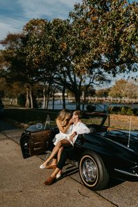 Fall engagament, enagagement photoshoot ideas, vintage car photo shoot, in love 2024, ballet flats, enagaged, white dress inspo,