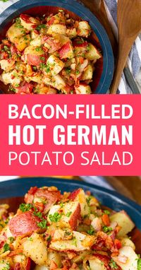 Old-Fashioned Hot German Potato Salad -- this German potato salad recipe makes an ideal summer side dish. Guests will flip for the tangy coarse Dijon apple cider vinegar dressing, along with the crispy fried bacon bits. Serve it hot, warm, or cold at your next cookout! | authentic german potato salad | easy german potato salad | traditional german potato salad #germanpotatosalad #potatosalad #potatorecipes #germanfood #baconrecipes #sidedish #sidedishrecipes #cookoutfood #potatosaladrecipe