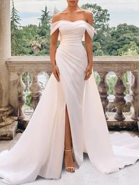 Hall Casual Wedding Dresses Sheath / Column Off Shoulder Cap Sleeve Court Train Satin Bridal Gowns With Split Front Side-Draped Summer Fall Wedding Party 2023, Women's Clothing 2023 - US $191.99