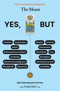 The Moon represents intuition, illusion, and the subconscious mind. It invites us to explore our hidden depths, face our fears, and navigate through uncertainty, trusting our inner guidance in times of confusion.