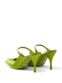 Find PRADA 75mm Satin Mules on Editorialist. green calf leather satin finish pointed toe side button fastening slip-on style branded insole high heel