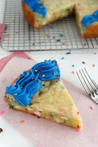 Wait a sec. Just wait. Let me get this straight: you used a CAKE mix to make a COOKIE dough into a CAKE batter-flavored COOKIE CAKE that's in the shape of a PIE?? PINCEPTION. And also, OVERKILLLLLLL.      //      "Funfetti cake batter white chocolate cookie cake"